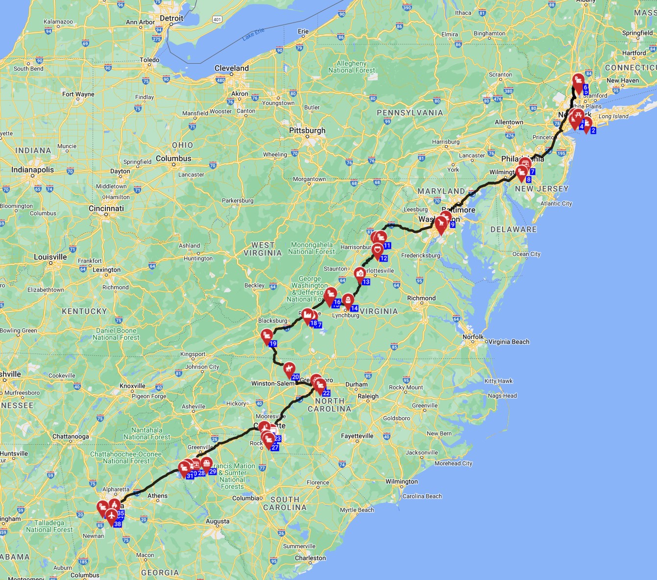 Map for New York to Atlanta